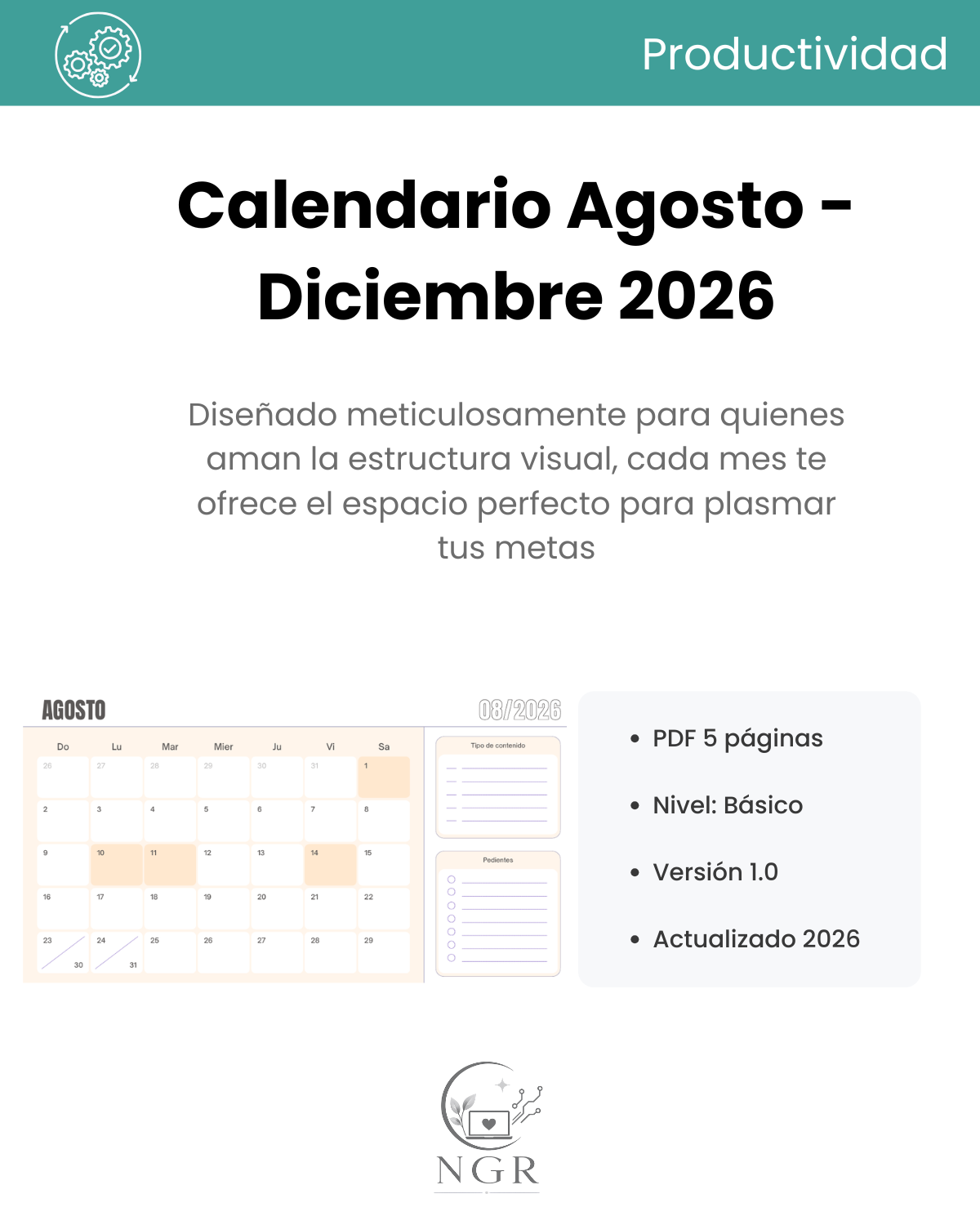Calendario Imprimible de Agosto a Diciembre 2026